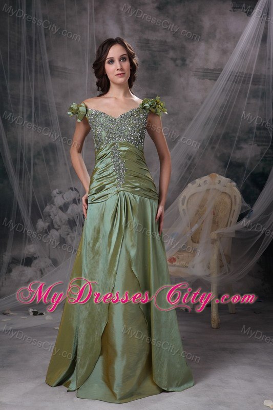 Olive Green Evening Dresses Off The Shoulder Beading and Ruches