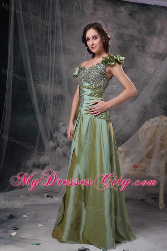 Olive Green Evening Dresses Off The Shoulder Beading and Ruches