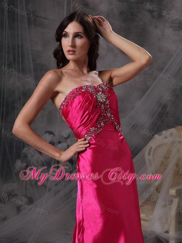 Hot Pink Strapless Evening Formal Gowns with Beading and Ruches