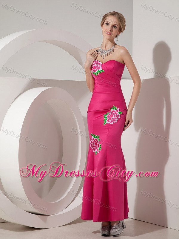 Hot Pink Sweetheart Long Taffeta Evening Dress with Appliques