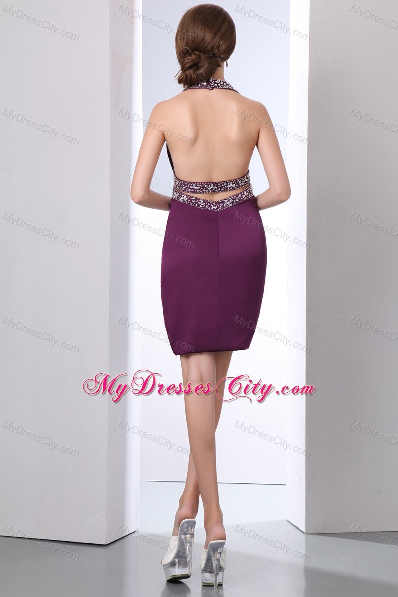 Dark Purple Halter Beading Short Evening Gowns with Backless