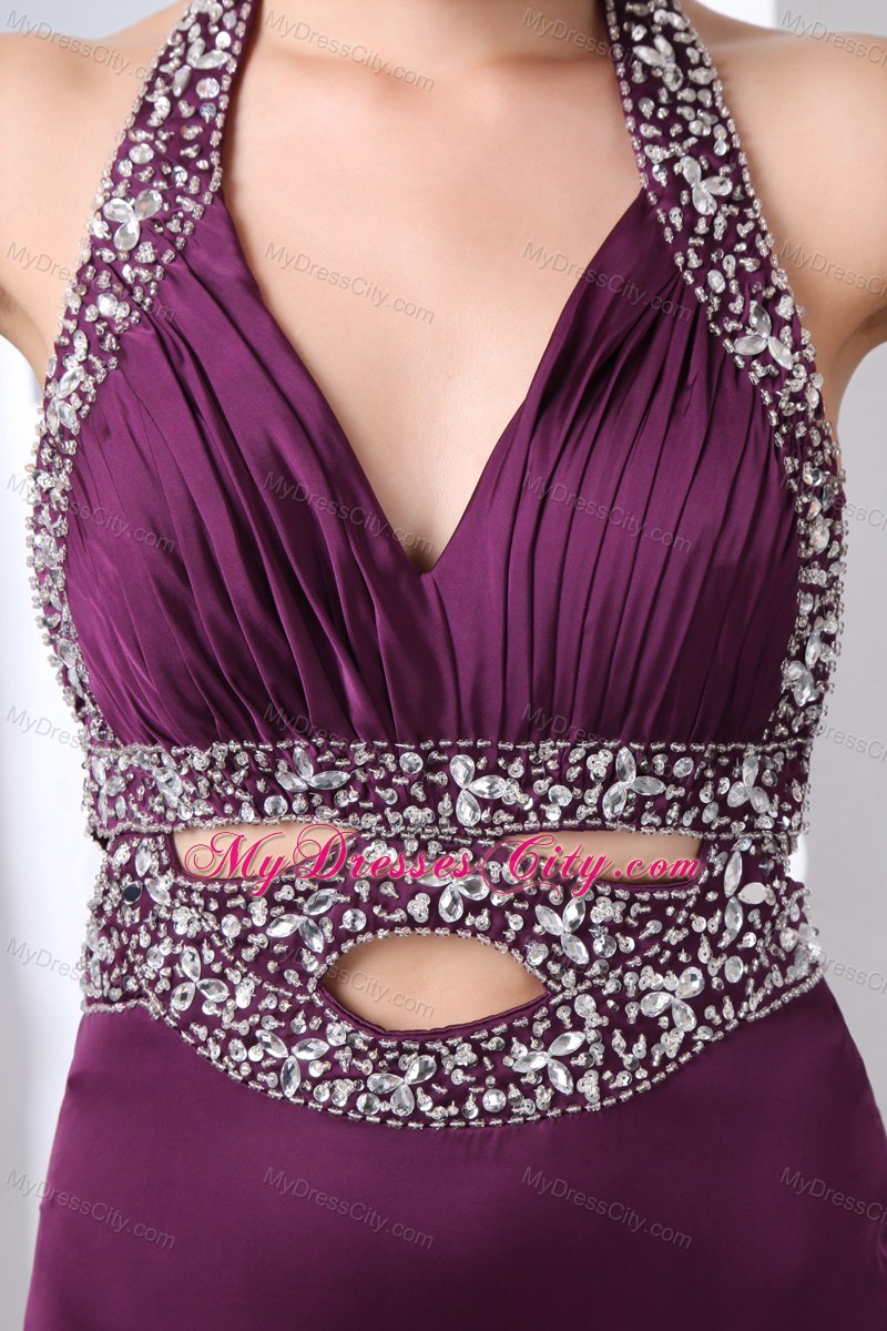 Dark Purple Halter Beading Short Evening Gowns with Backless