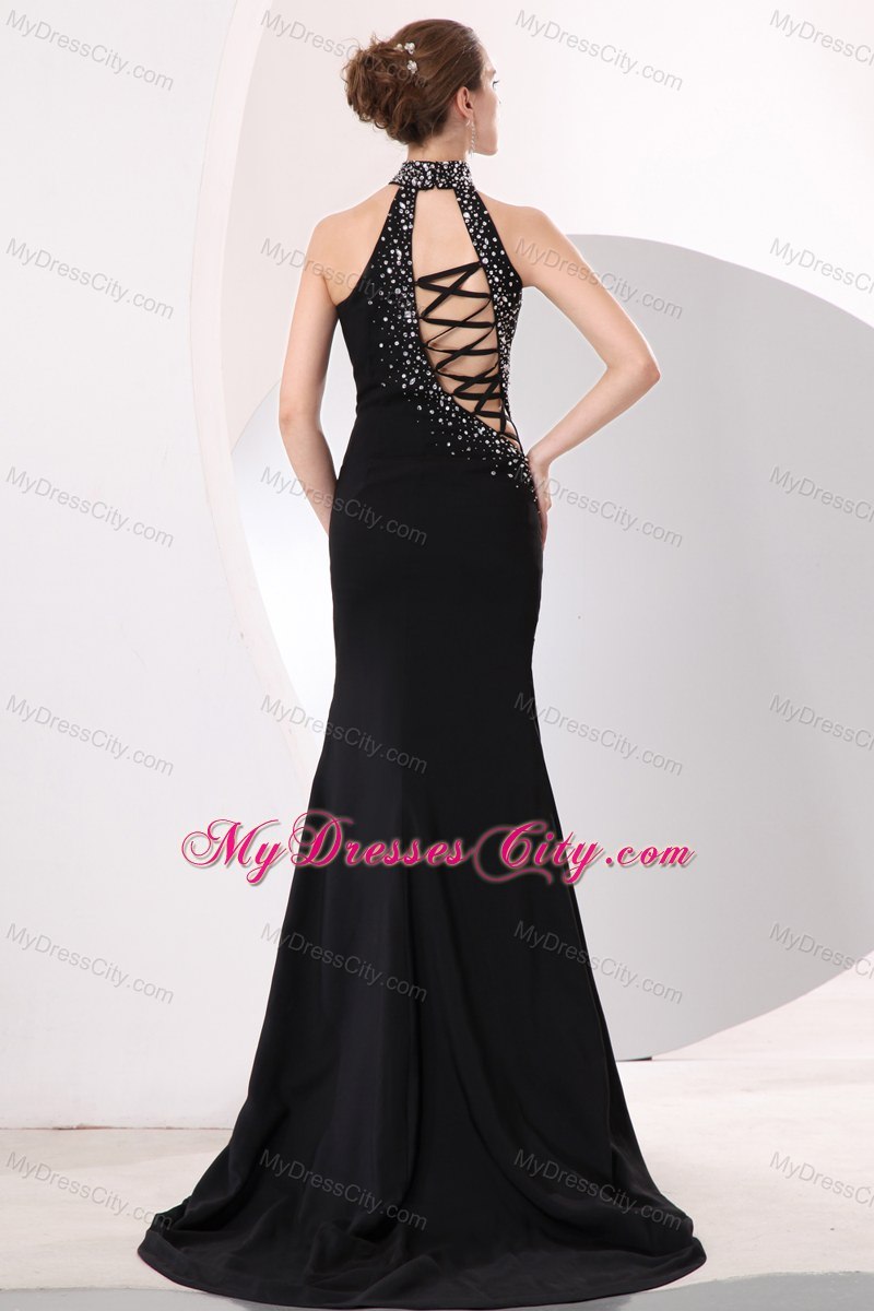 Beaded High-neck Black Hollow Out Evening Dress with Train