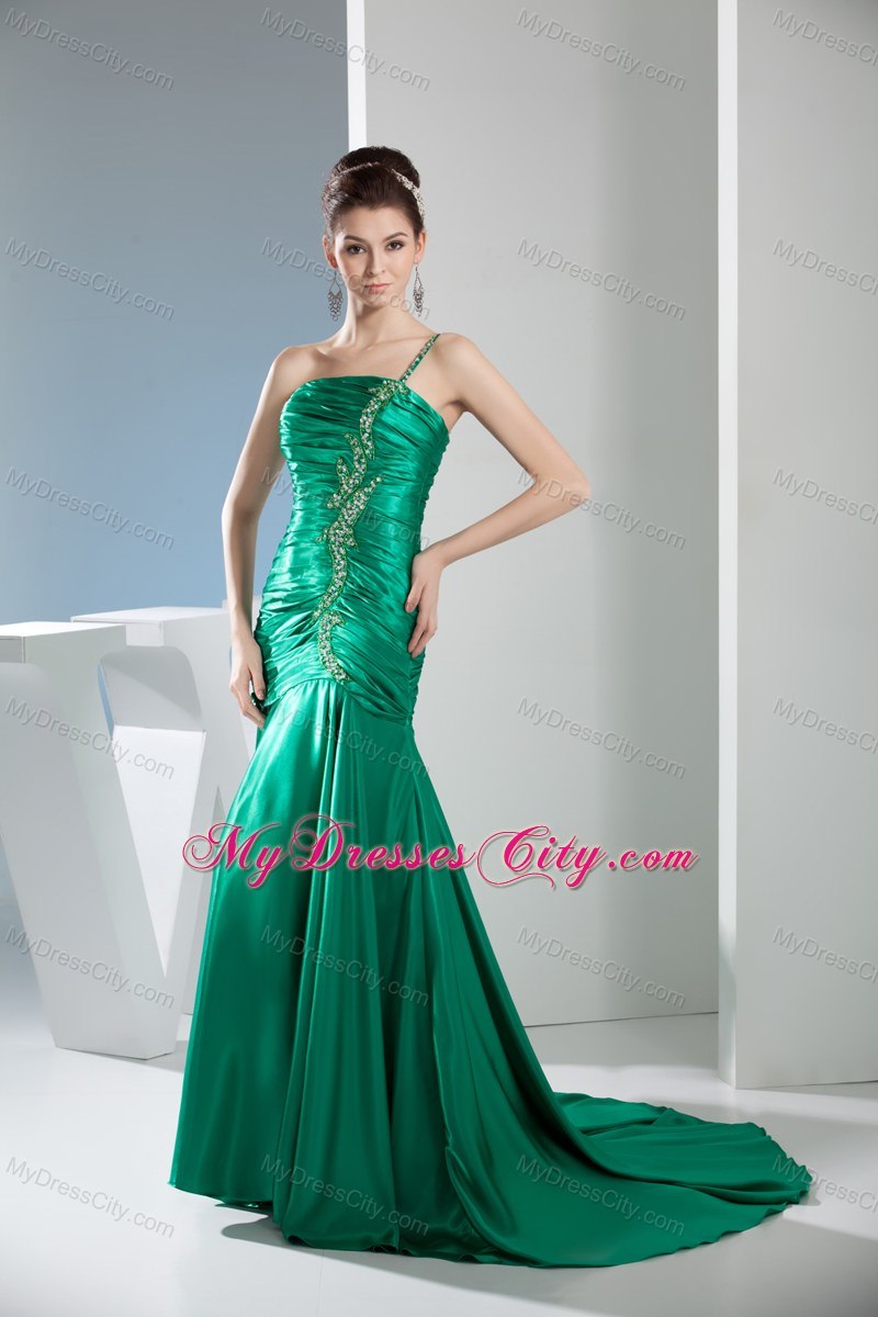 Green Slinky Ruched Evening Formal Gown with One Shoulder