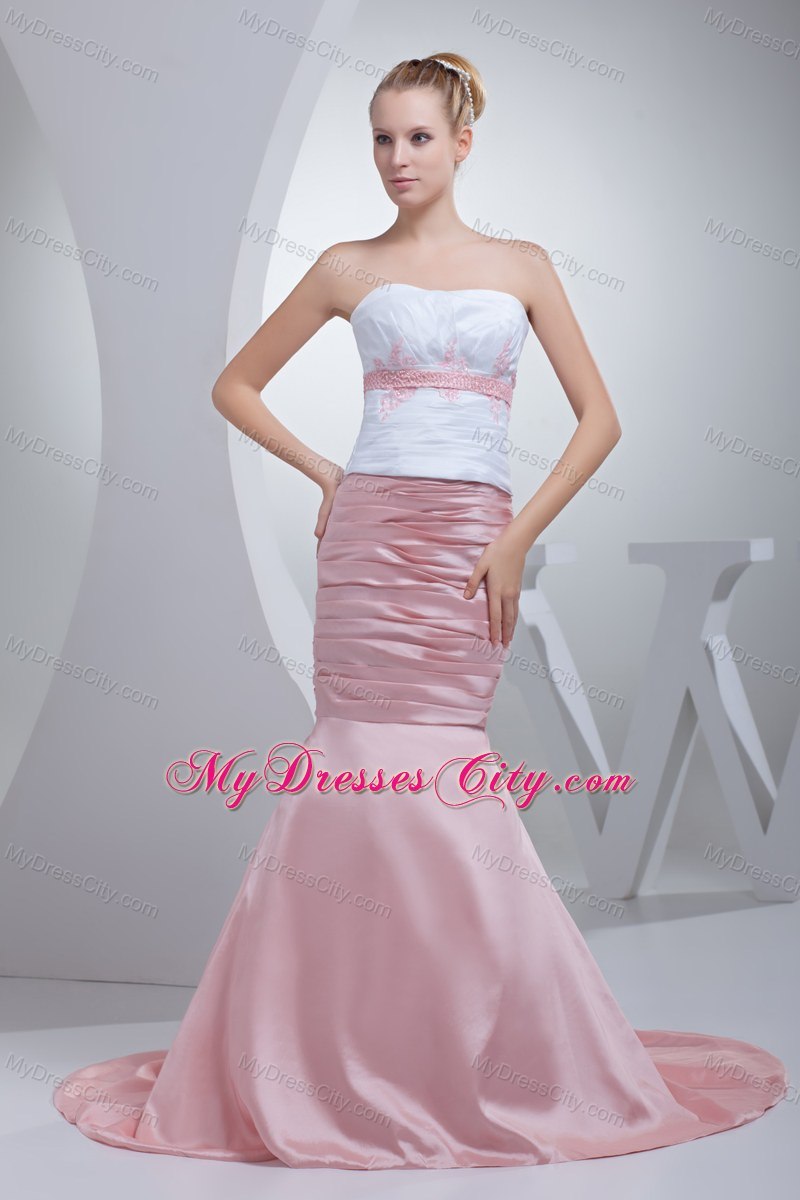 Strapless White and Pink Mermaid Evening Dress with Beading