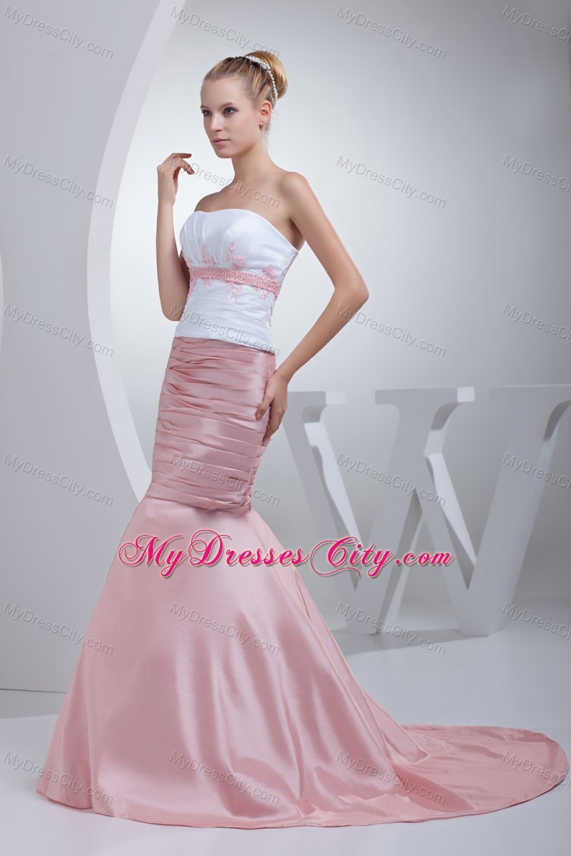 Strapless White and Pink Mermaid Evening Dress with Beading