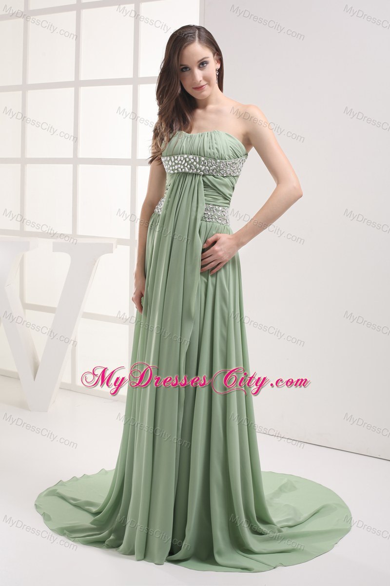 Apple Green Strapless Ruched Long Evening Dress Beaded