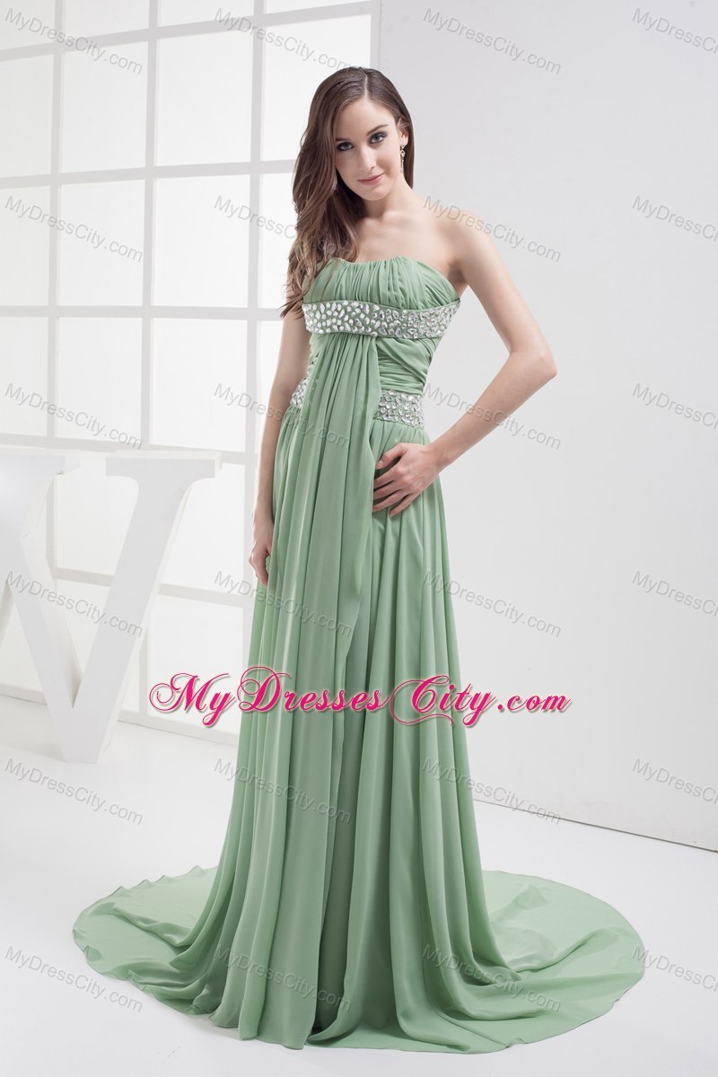 Apple Green Strapless Ruched Long Evening Dress Beaded