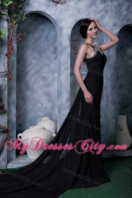Black Scoop Watteau Train Backless Beading Evening Formal Gowns
