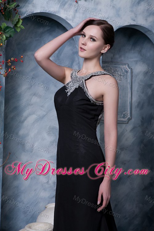 Black Scoop Watteau Train Backless Beading Evening Formal Gowns