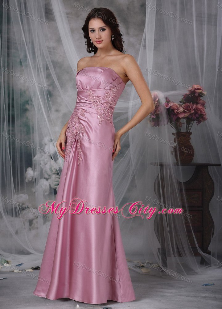 Rose Pink Column Strapless Floor-length Appliques Prom Dress