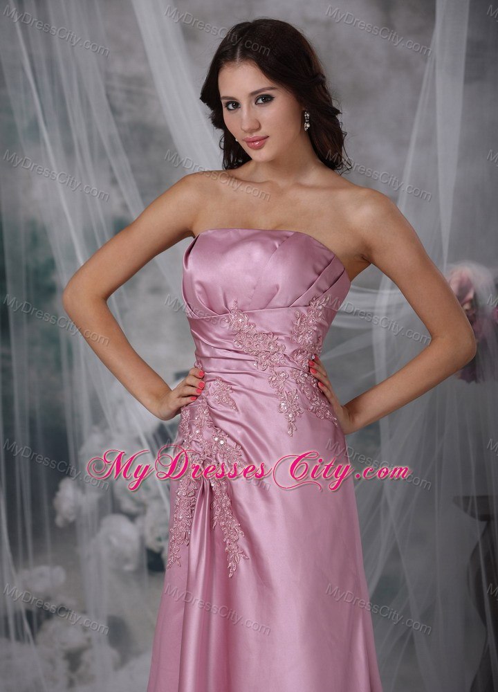 Rose Pink Column Strapless Floor-length Appliques Prom Dress