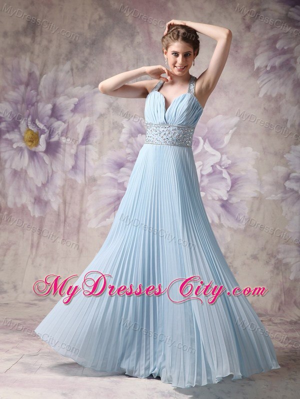 Lovely Baby Blue Empire Beading Halter Prom Dress with Pleats