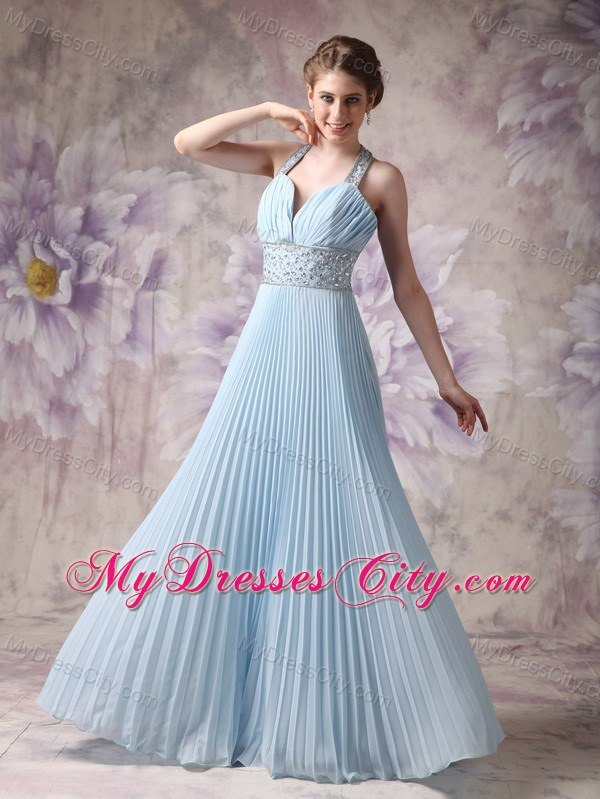 Lovely Baby Blue Empire Beading Halter Prom Dress with Pleats