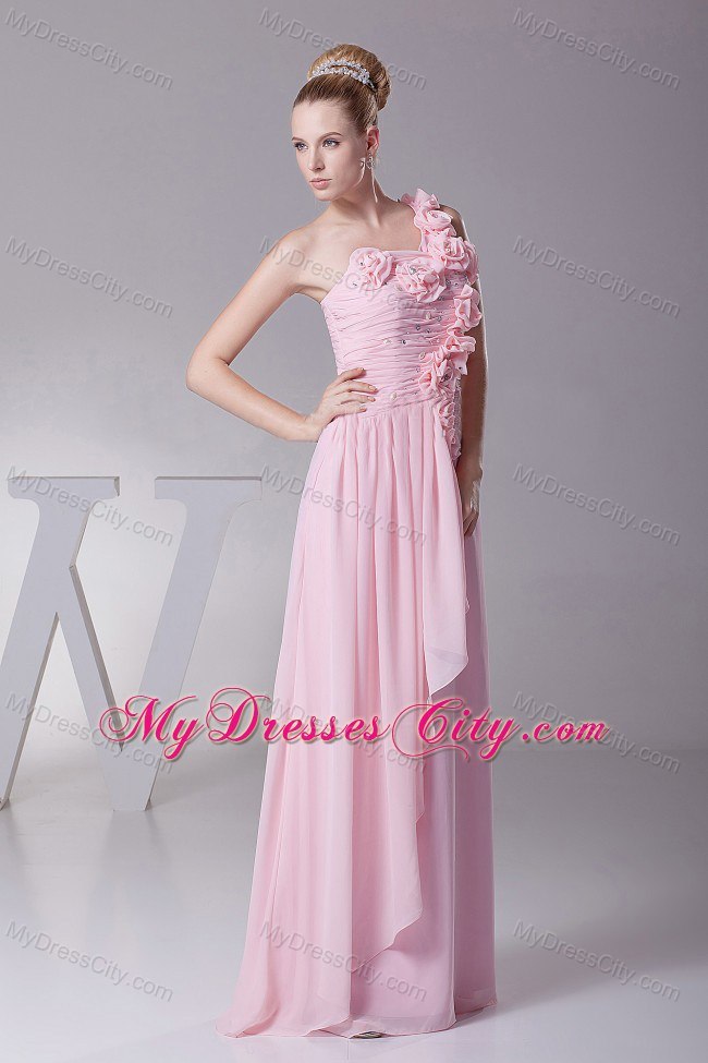 2013 One Shoulder Hand Made Flowers For Baby Pink Prom Dress