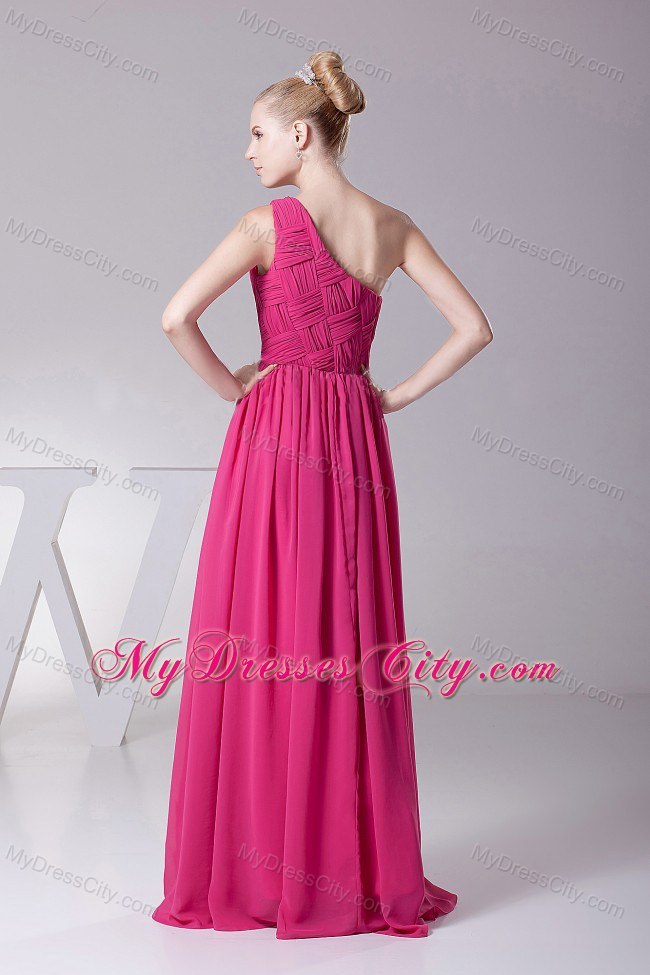 Hot Pink One Shoulder and Ruched Bodice Chiffon Prom Dress