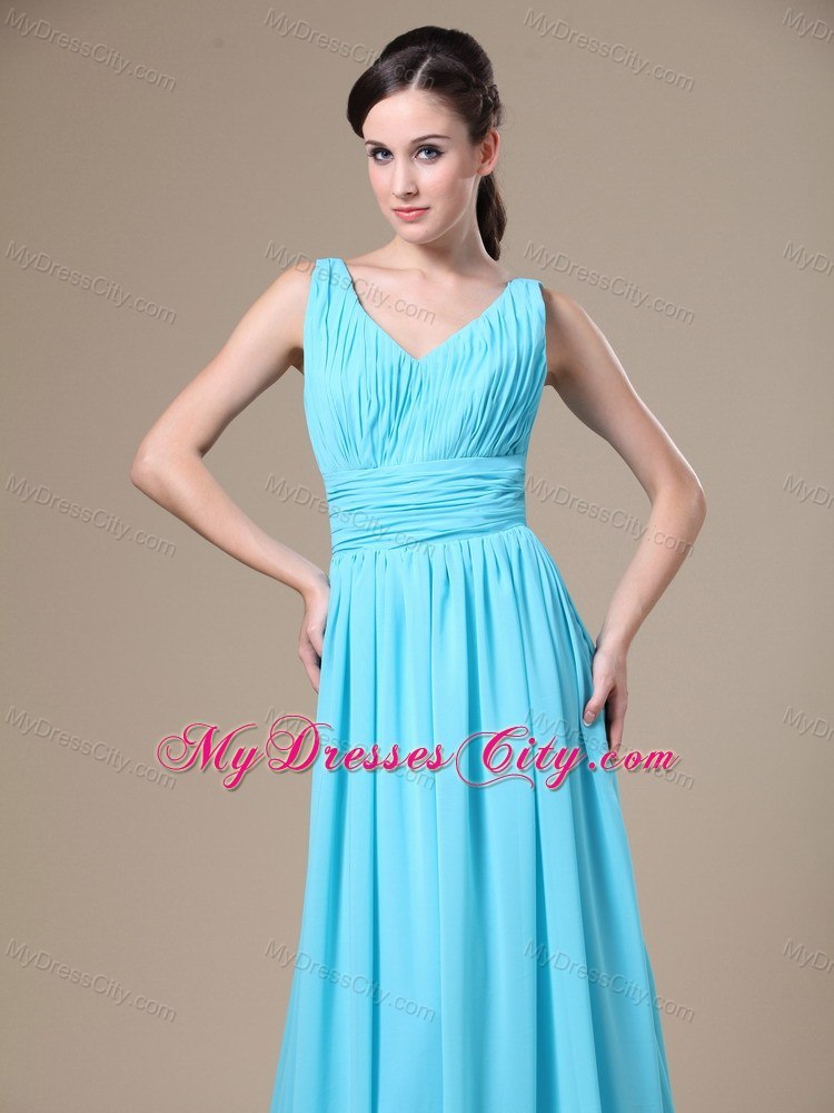 V-neck Long Blue Ruched Prom Gown Dress Zipper Up