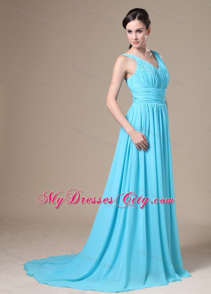 V-neck Long Blue Ruched Prom Gown Dress Zipper Up