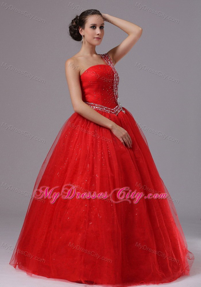 Red One Shoulder Strap Prom Dress with Beading and Back Out