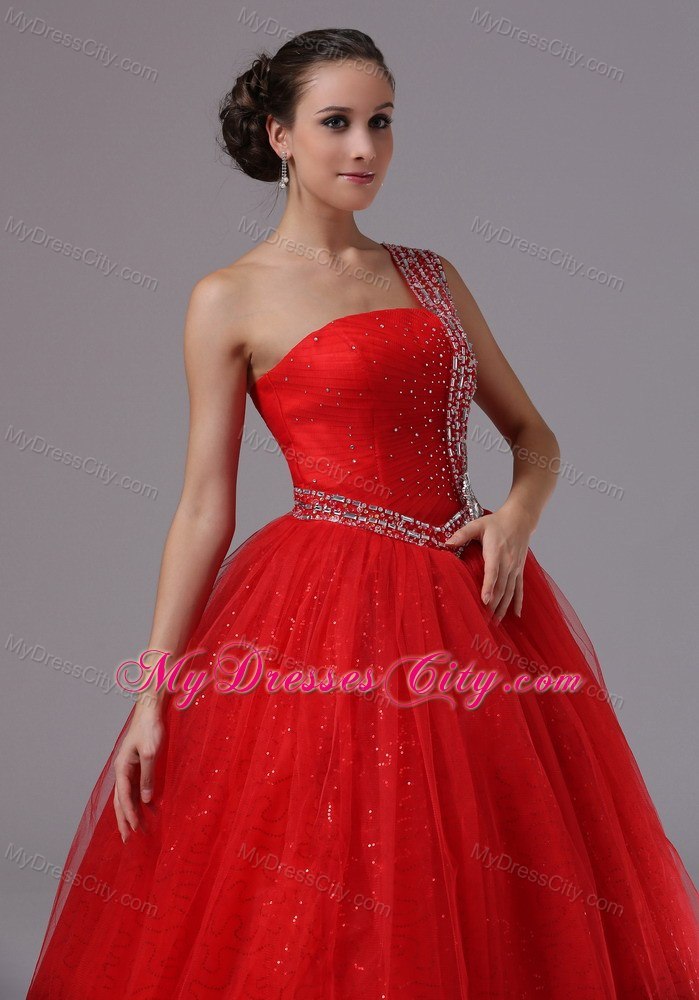 Red One Shoulder Strap Prom Dress with Beading and Back Out