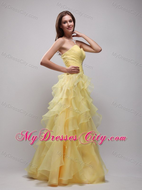Yellow Sweetheart Floor-lenth Prom Dress with Ruffles and Appliques