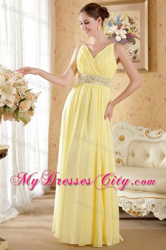 Yellow V-neck Floor-length Chiffon Ruched Evening Dress Beading