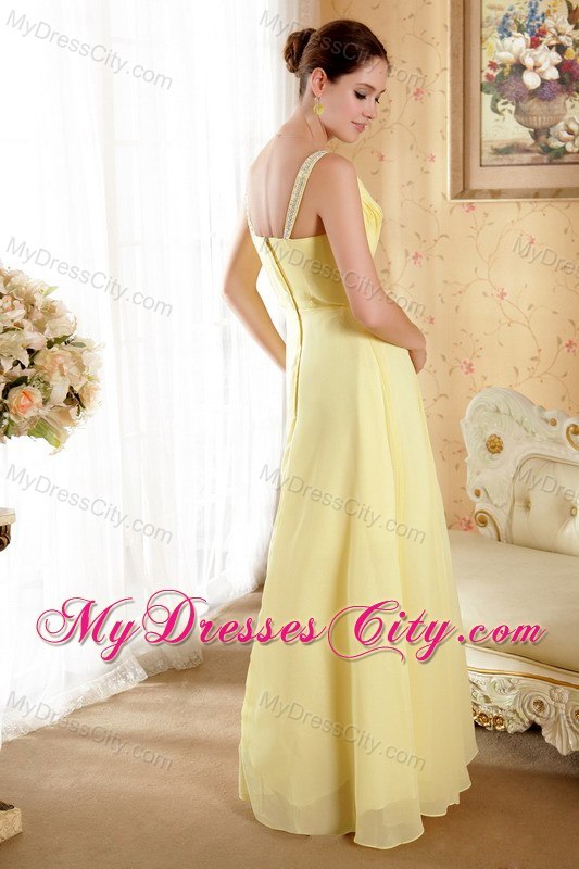 Yellow V-neck Floor-length Chiffon Ruched Evening Dress Beading