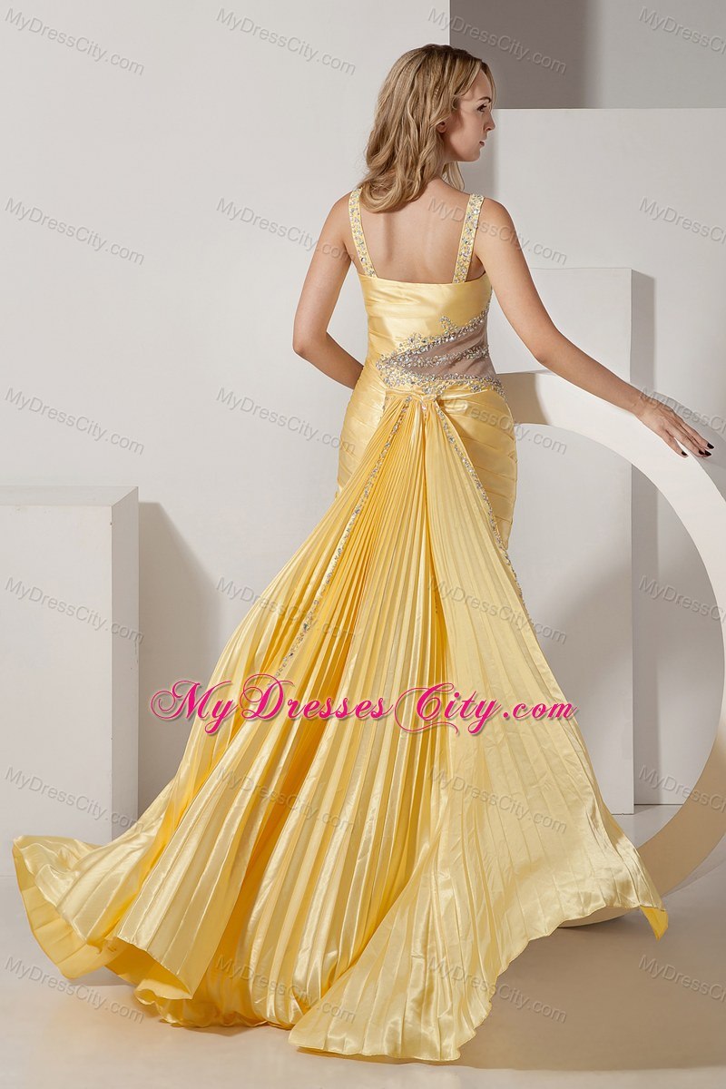 Yellow Straps High-low Beaded Prom Dress with Back Out