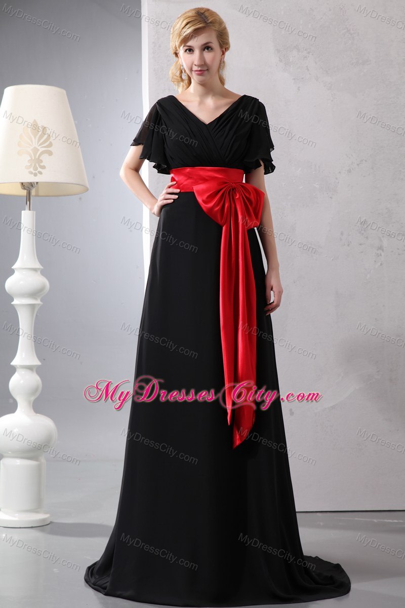 Red and Black Zipper Prom Dress with Brush Train and Bow