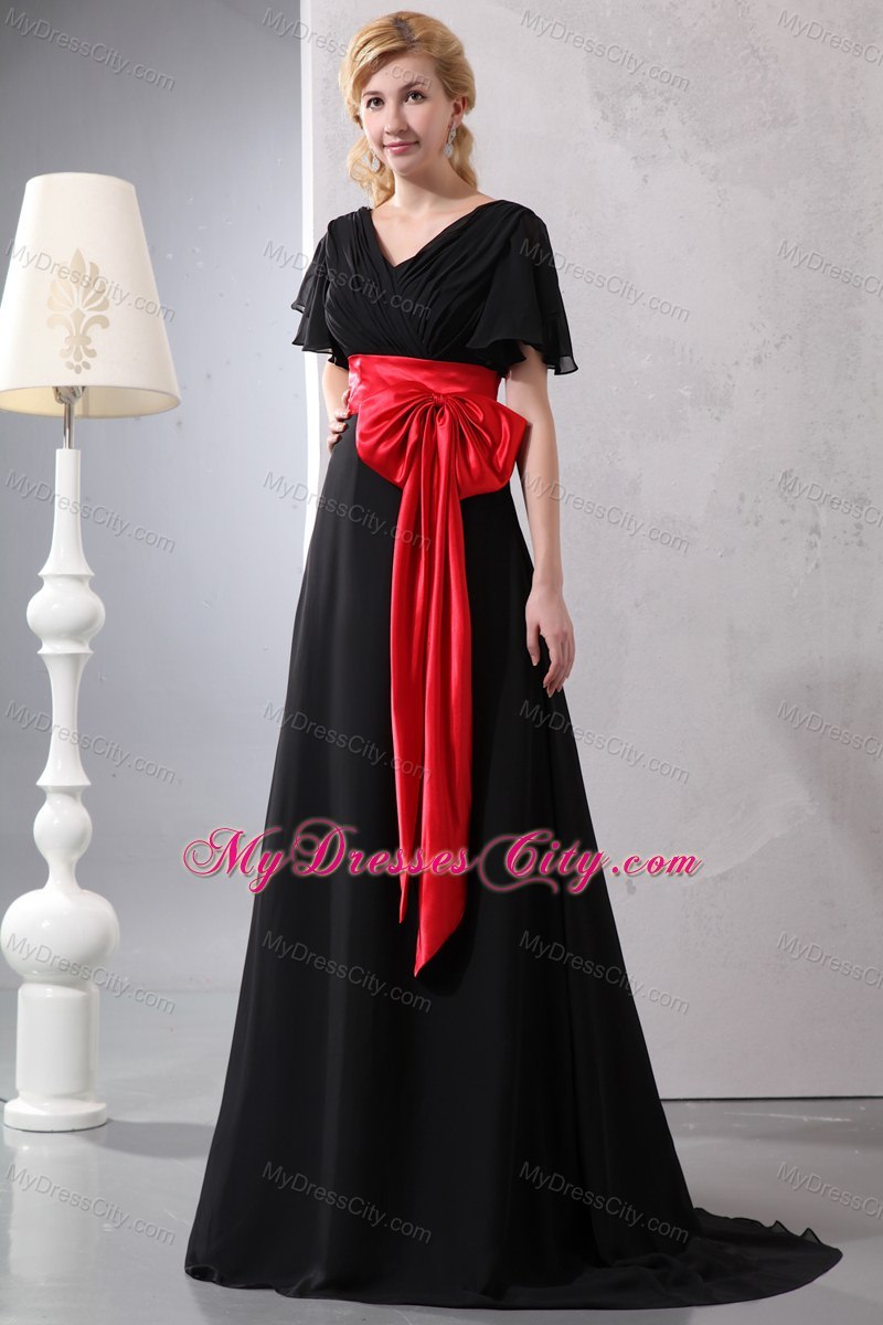 Red and Black Zipper Prom Dress with Brush Train and Bow