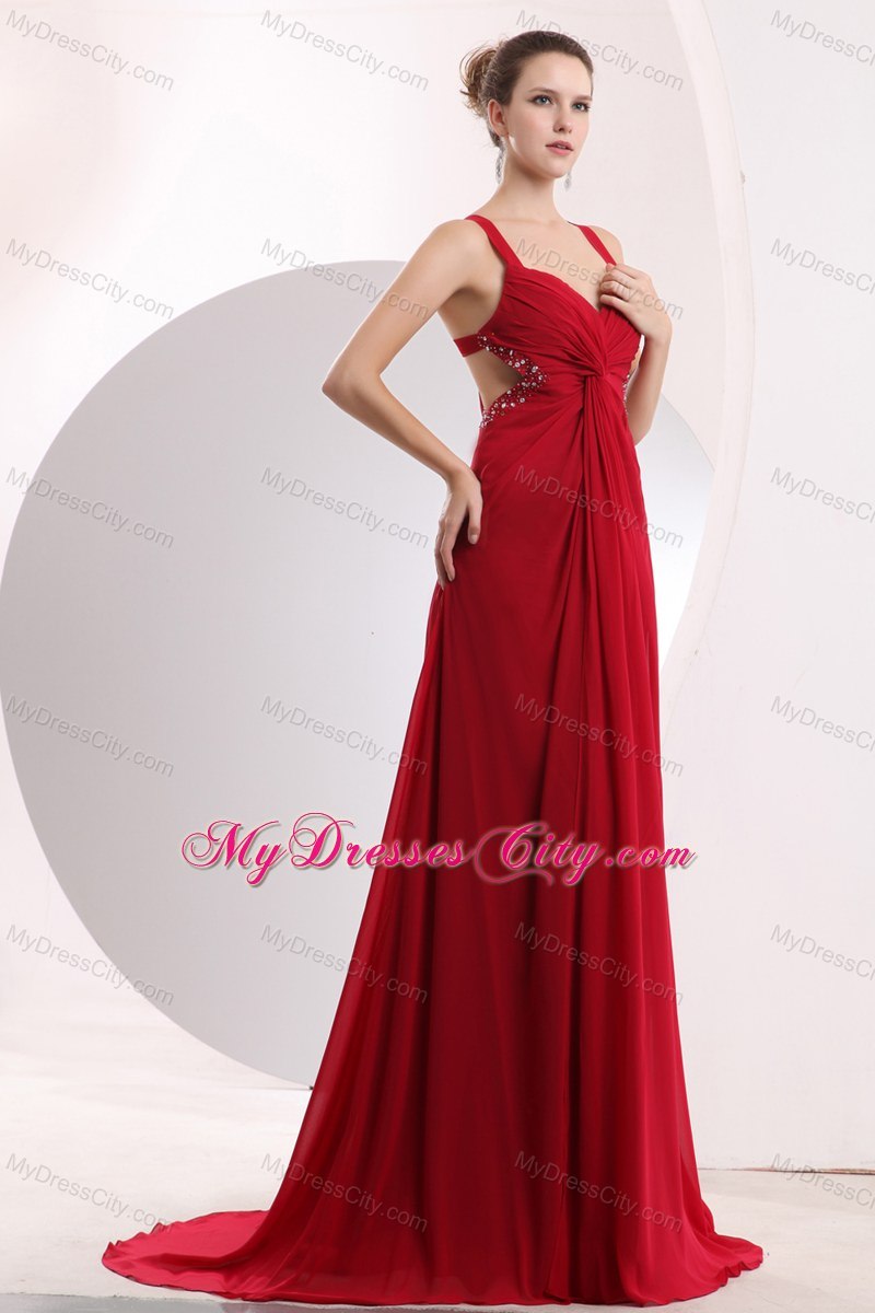 Red Beaded Prom Dress with Brush Train and Cutout Back