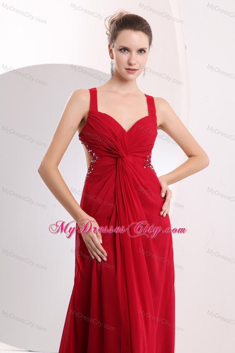 Red Beaded Prom Dress with Brush Train and Cutout Back
