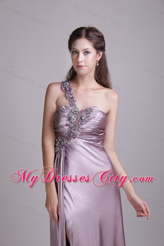 Lavender Empire One Shoulder Beading Brush Train Prom Dress