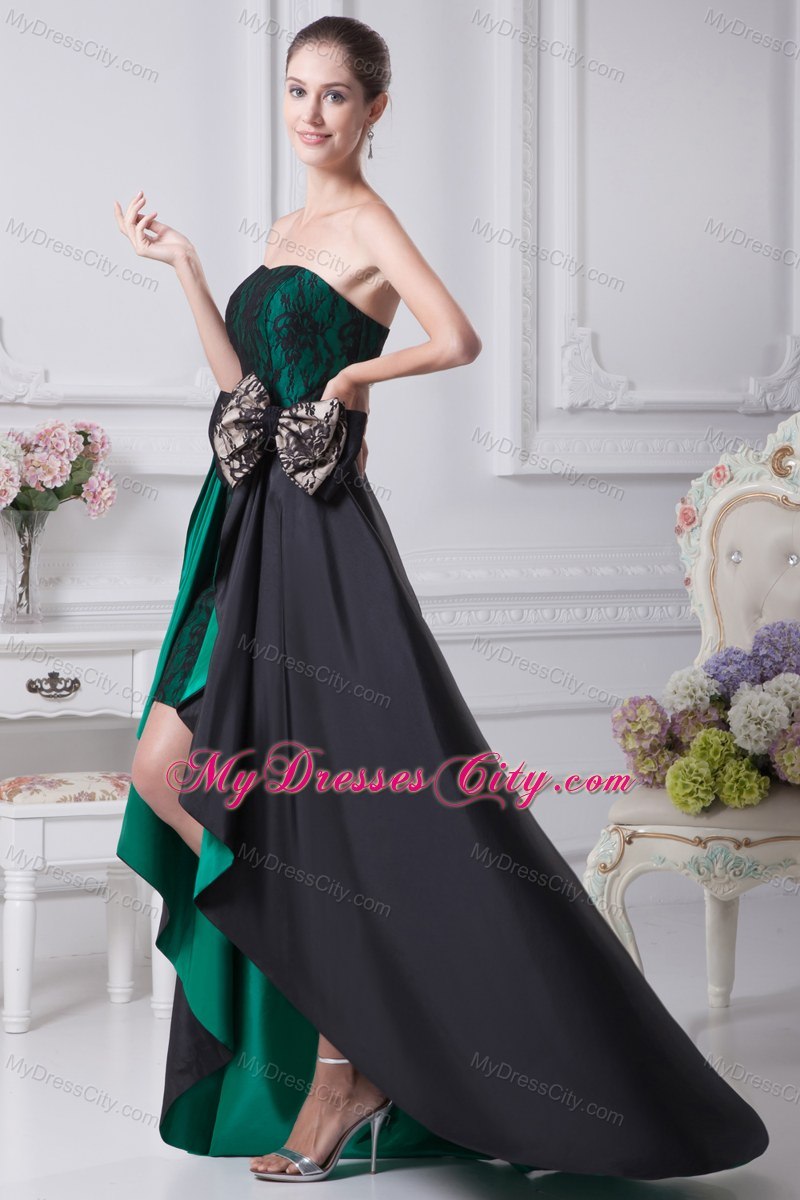 High-low Sweetheart Bowknot Lace Black and Green Prom Dresses