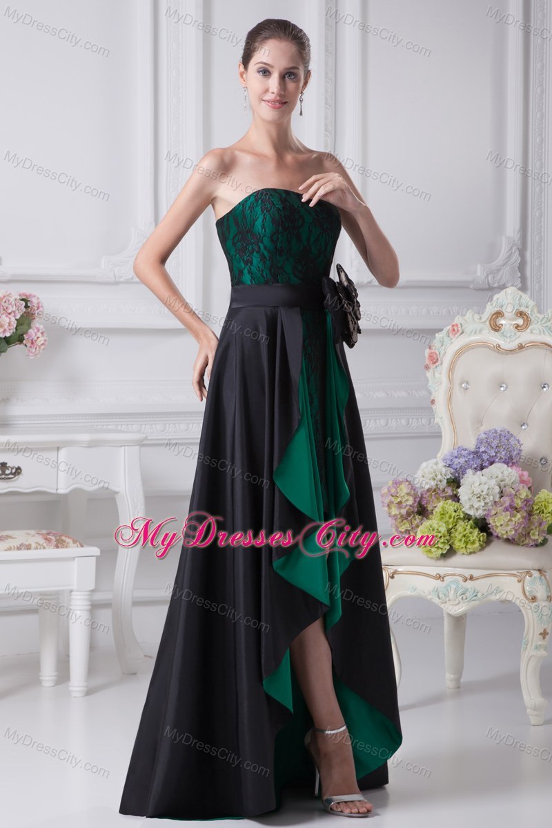 High-low Sweetheart Bowknot Lace Black and Green Prom Dresses