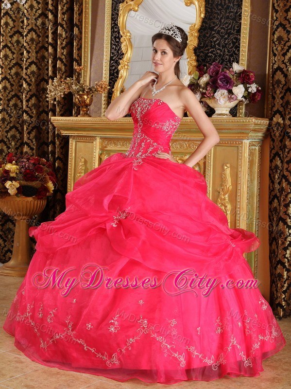 Organza Appliques Strapless Pick Ups Coral Red Quinceanera Dresses