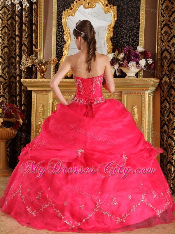 Organza Appliques Strapless Pick Ups Coral Red Quinceanera Dresses