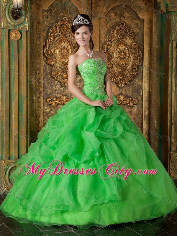 Flowers Strapless Appliques With Beading Quinceanera Dress In Spring Green
