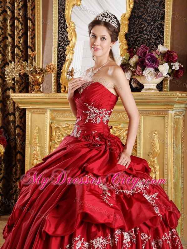 Appliques Ruching Pick Ups Wine Red Quinceanera Gowns 2013