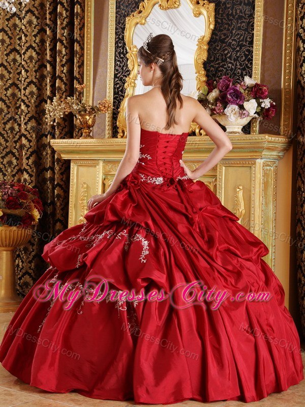 Appliques Ruching Pick Ups Wine Red Quinceanera Gowns 2013