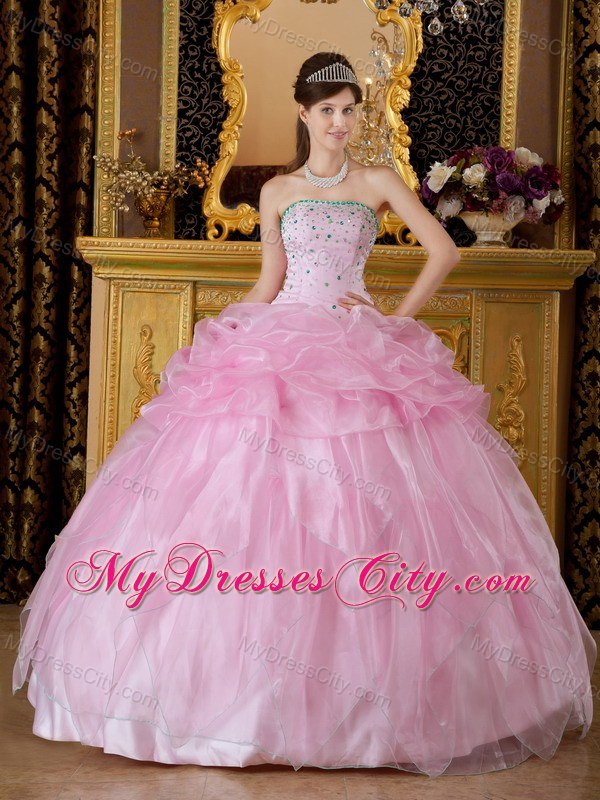 New Style Beaded Strapless Pick Ups Baby Pink Quinceanera Dresses