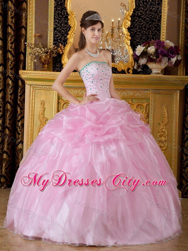 New Style Beaded Strapless Pick Ups Baby Pink Quinceanera Dresses