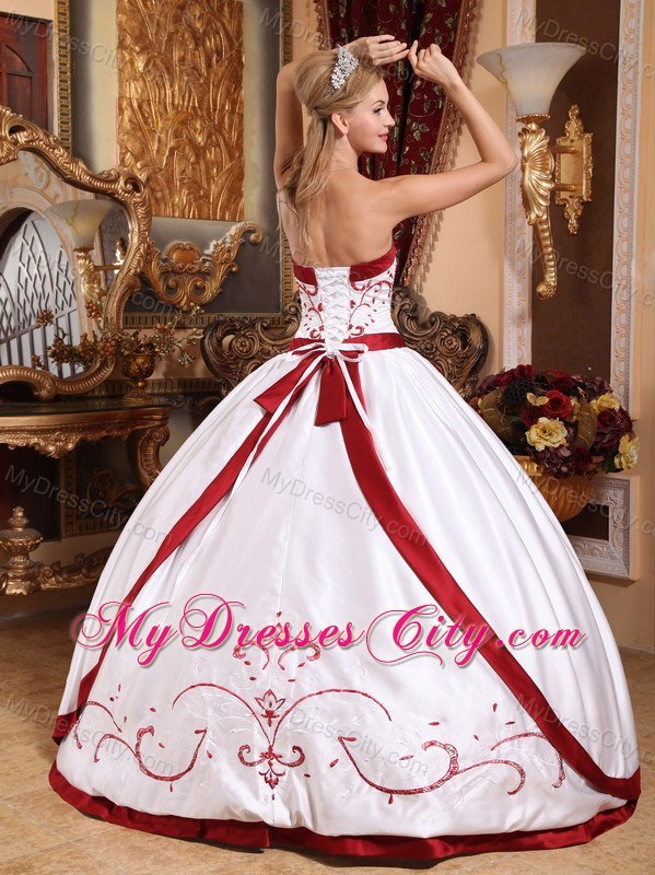 Embroidery Red Hem Strapless White Quinceanera Gowns 2013