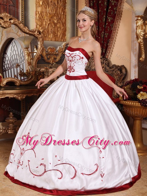 Embroidery Red Hem Strapless White Quinceanera Gowns 2013