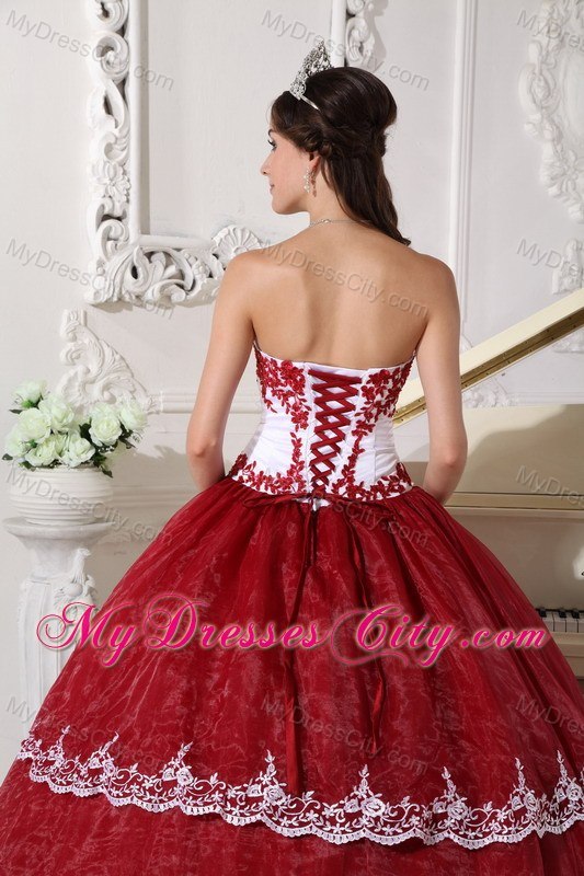 Wine Red Appliques Organza Strapless 2013 Quinceanera Gowns