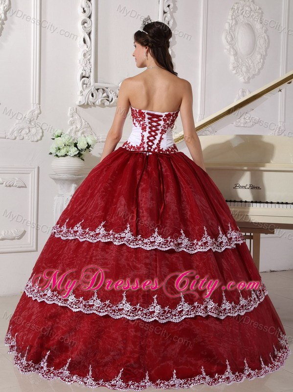 Wine Red Appliques Organza Strapless 2013 Quinceanera Gowns