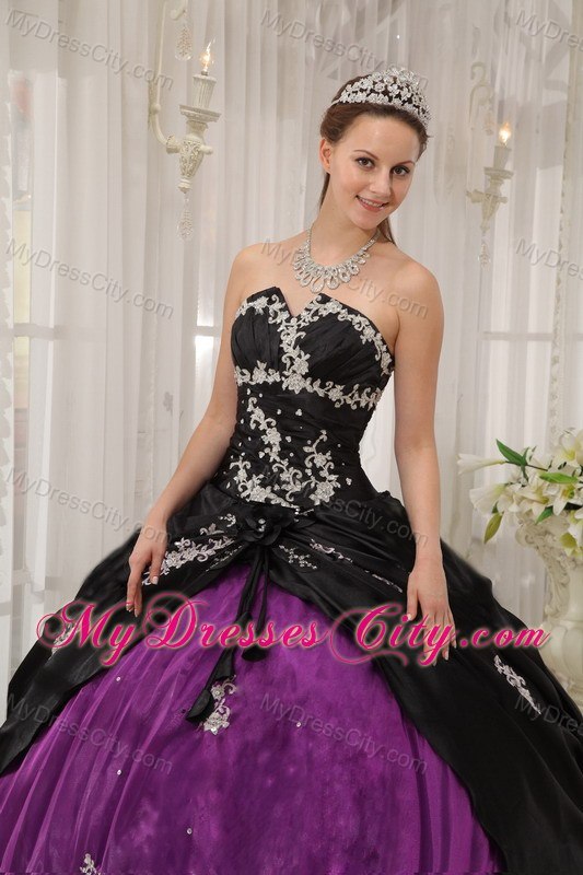 Appliques Strapless Cheap Black and Purple Quinceanera Dresses