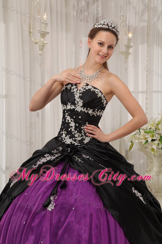 Appliques Strapless Cheap Black and Purple Quinceanera Dresses