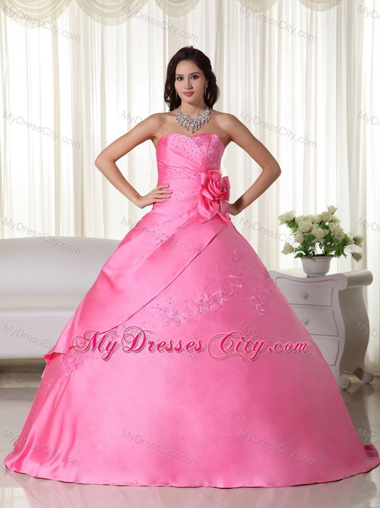 Flowers Embroidery Strapless Rose Pink Quinceanera Gowns For Discount