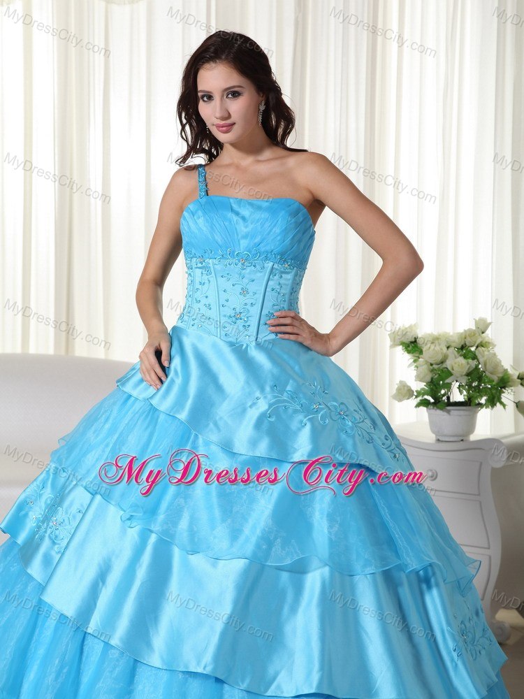 One Shoulder Ruffled Layers Aqua Blue Quinceanera Dress With Beading